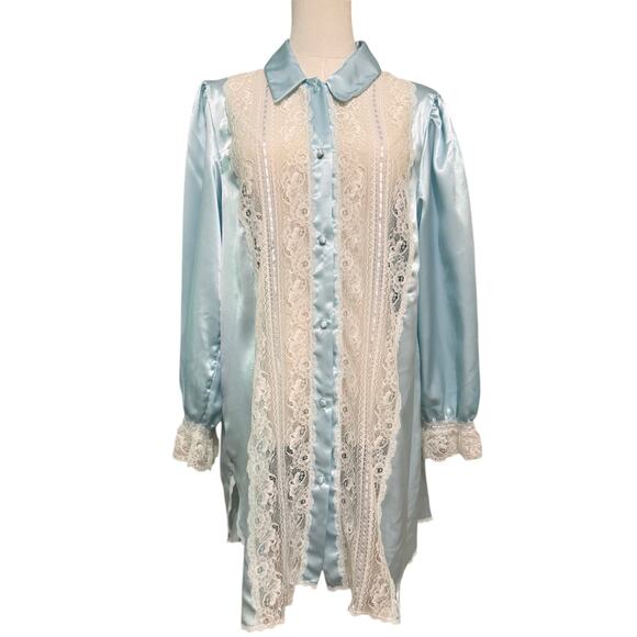 Bert Yelin for Iris Blue Satin Night Gown Dress Lace Sexy Feminine Bridal Large - Picture 2 of 10